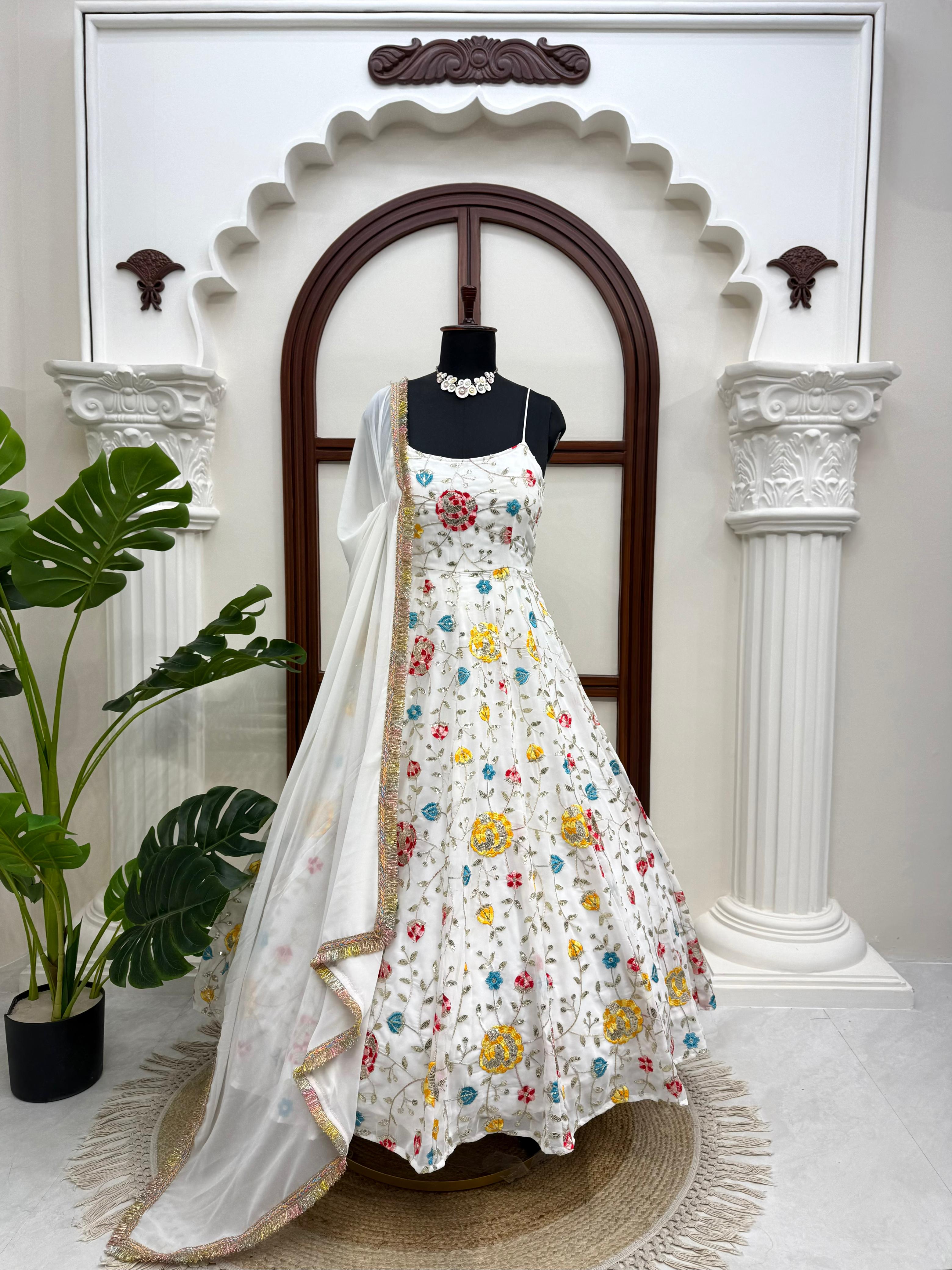 White Floral Embroidered Anarkali Gown with Dupatta | Wedding Ethnic Set
