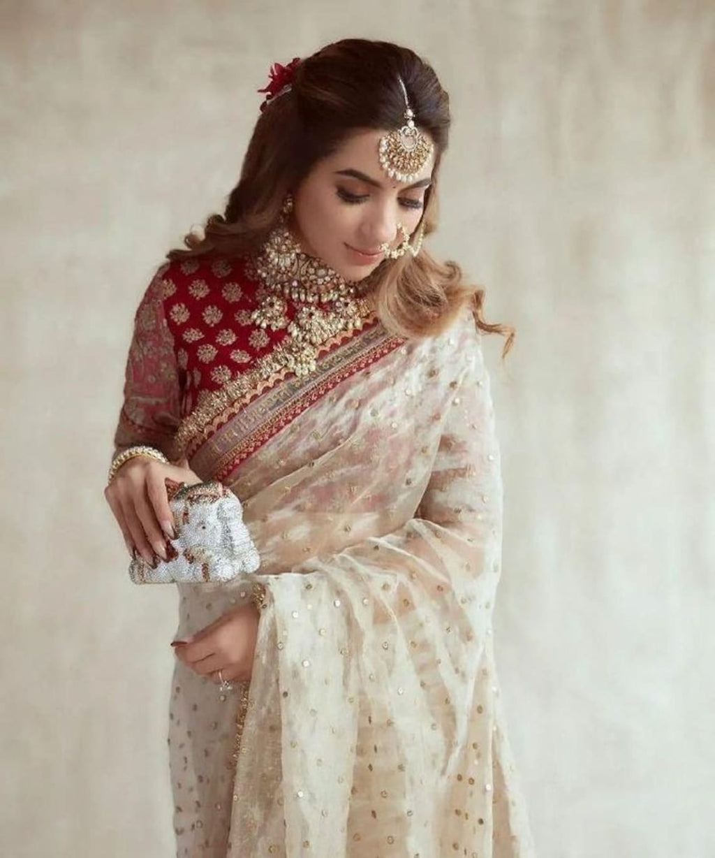Off White Organza Ilk With Embroidery Thread + Sequence Butti Work Saree
