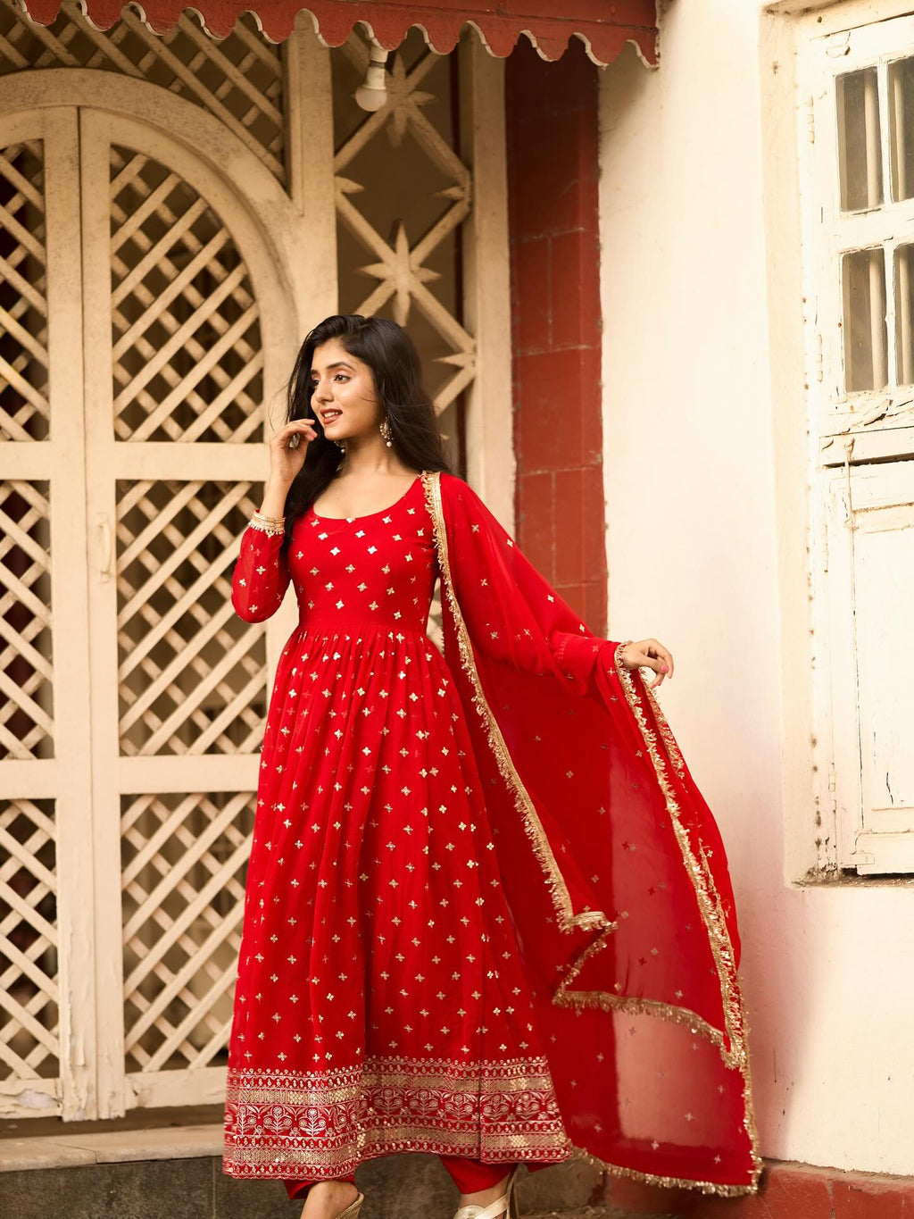 Radiance Red Anarkali Suit with Dupatta – Perfect Durga Puja & Karwa Chauth Dress