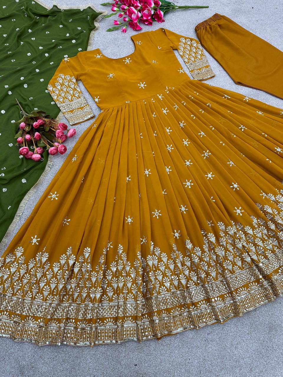 Mustered Color Anarkali Gown With Green Dupatta