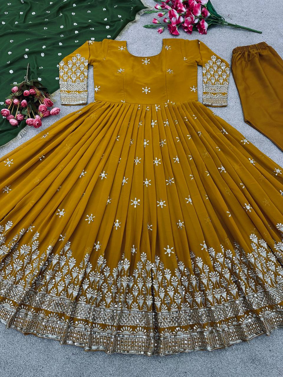 Mustered Color Anarkali Gown With Green Dupatta