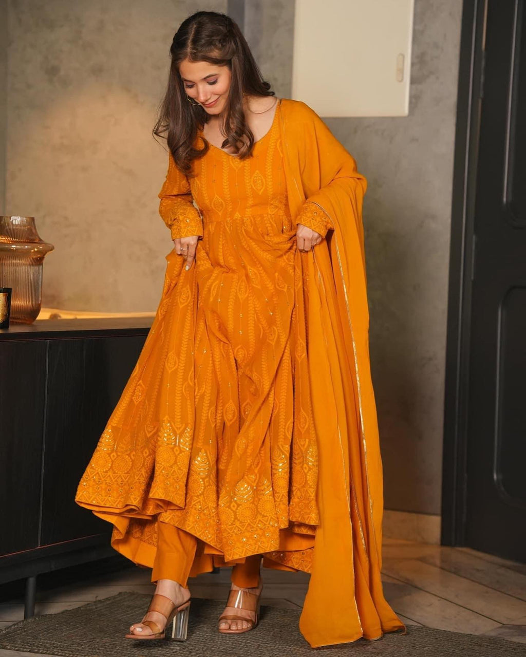 Embellished Mustard Color Sequence Work Gown
