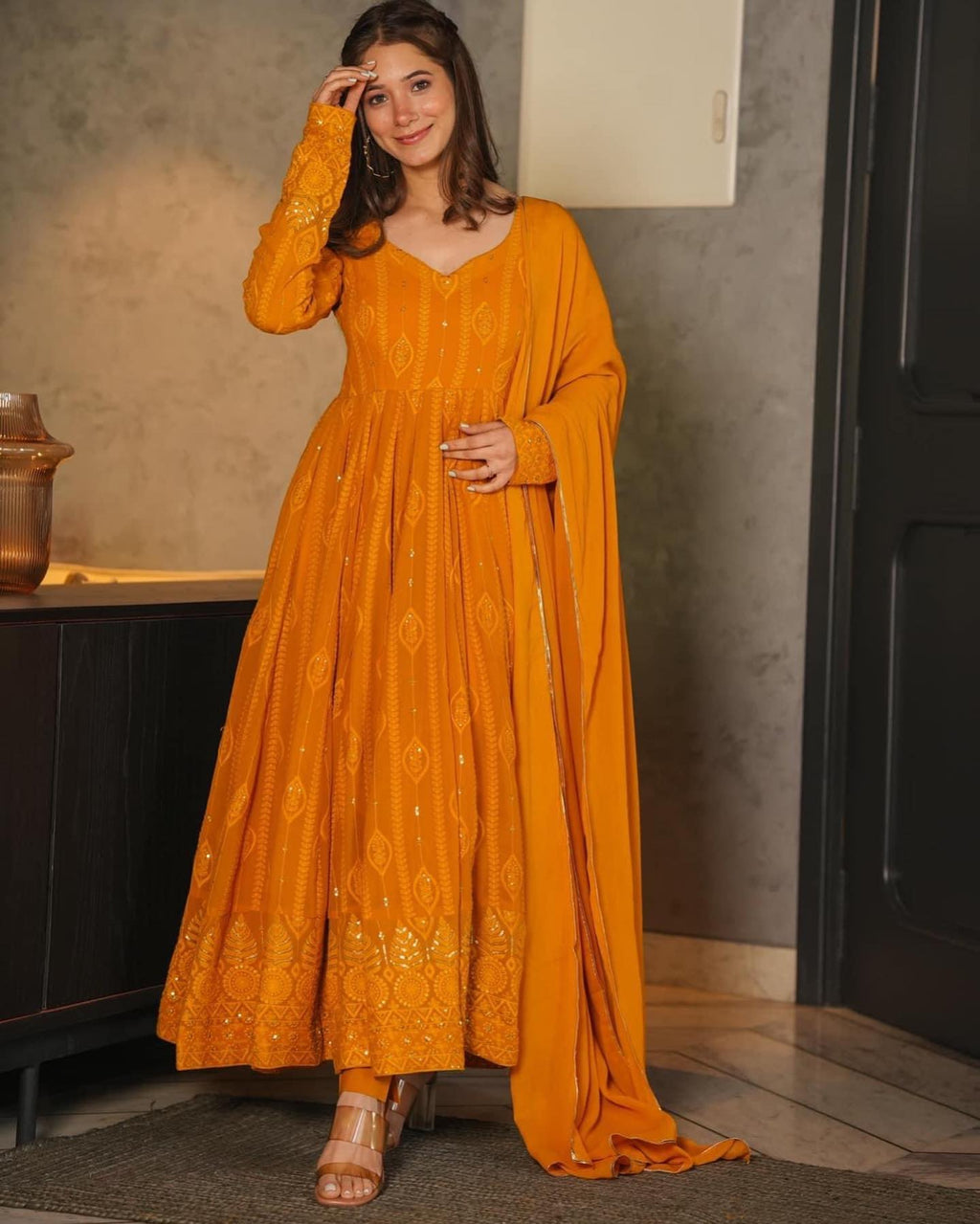 Embellished Mustard Color Sequence Work Gown
