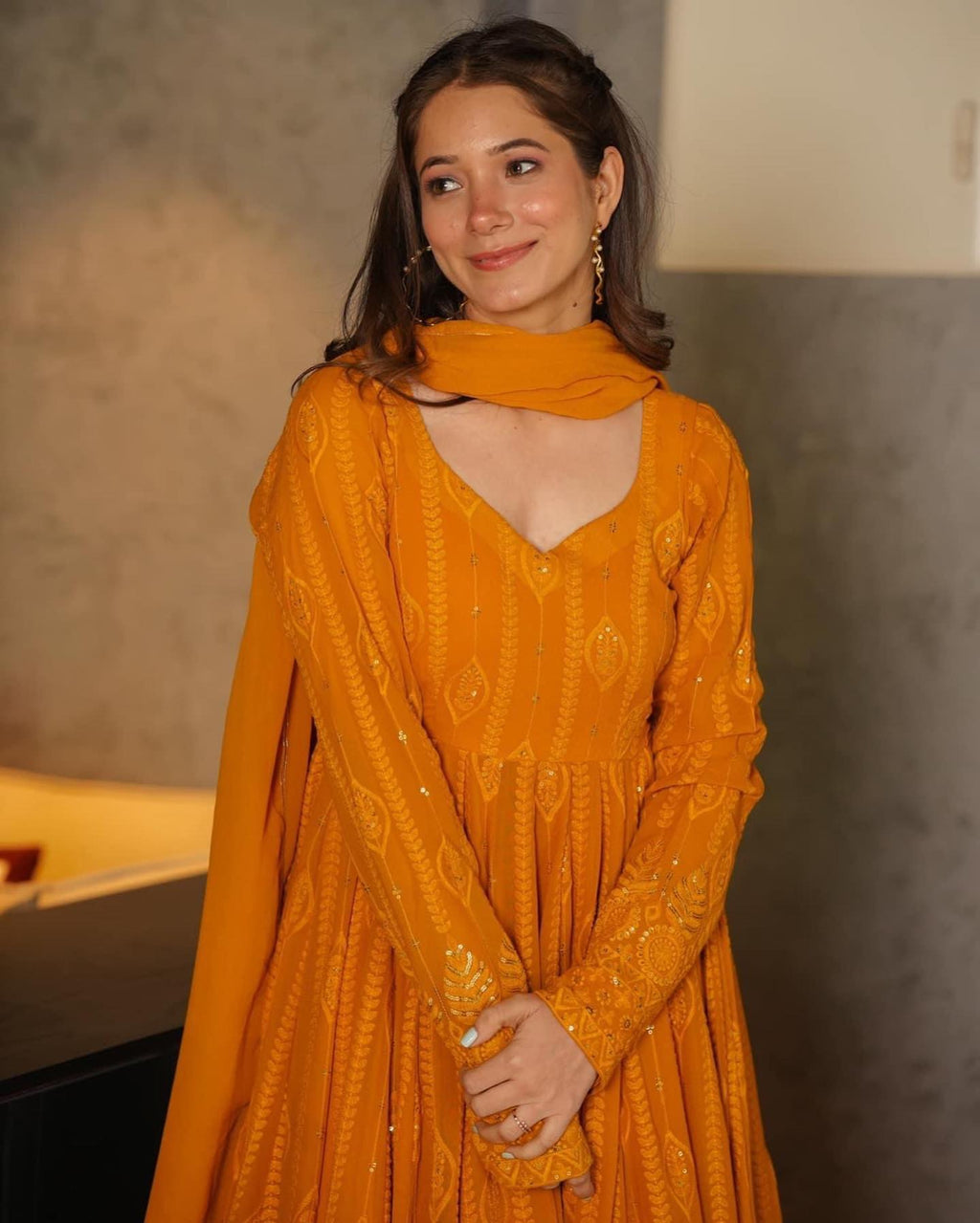 Embellished Mustard Color Sequence Work Gown