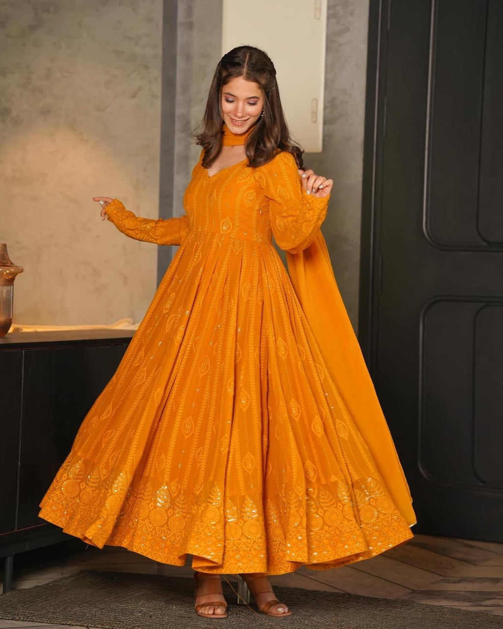 Mustard Embroidered Georgette Sequence Work Anarkali Suit Set