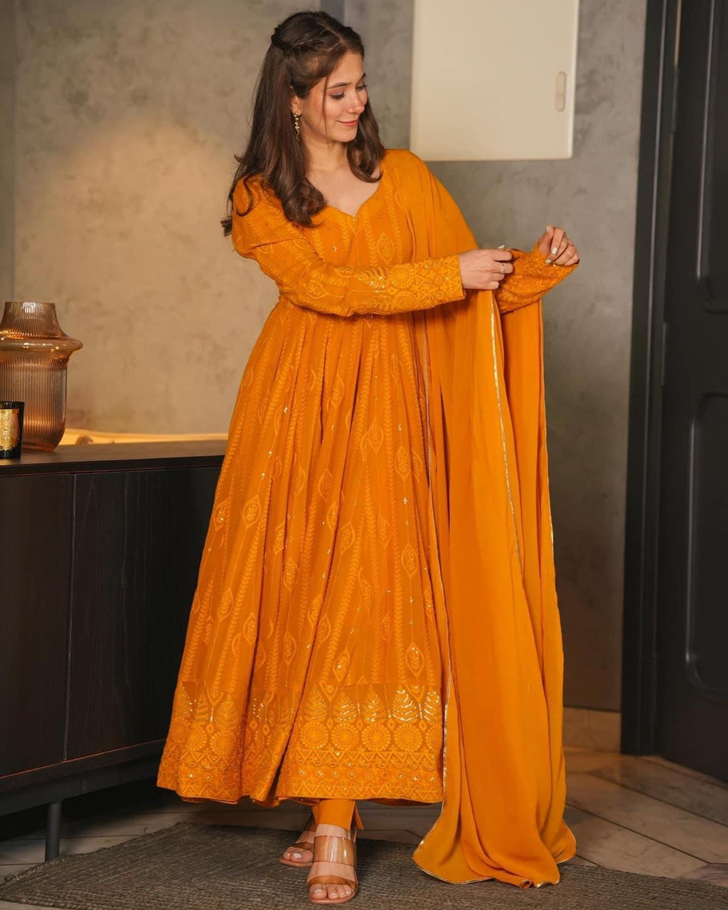 Embellished Mustard Color Sequence Work Gown