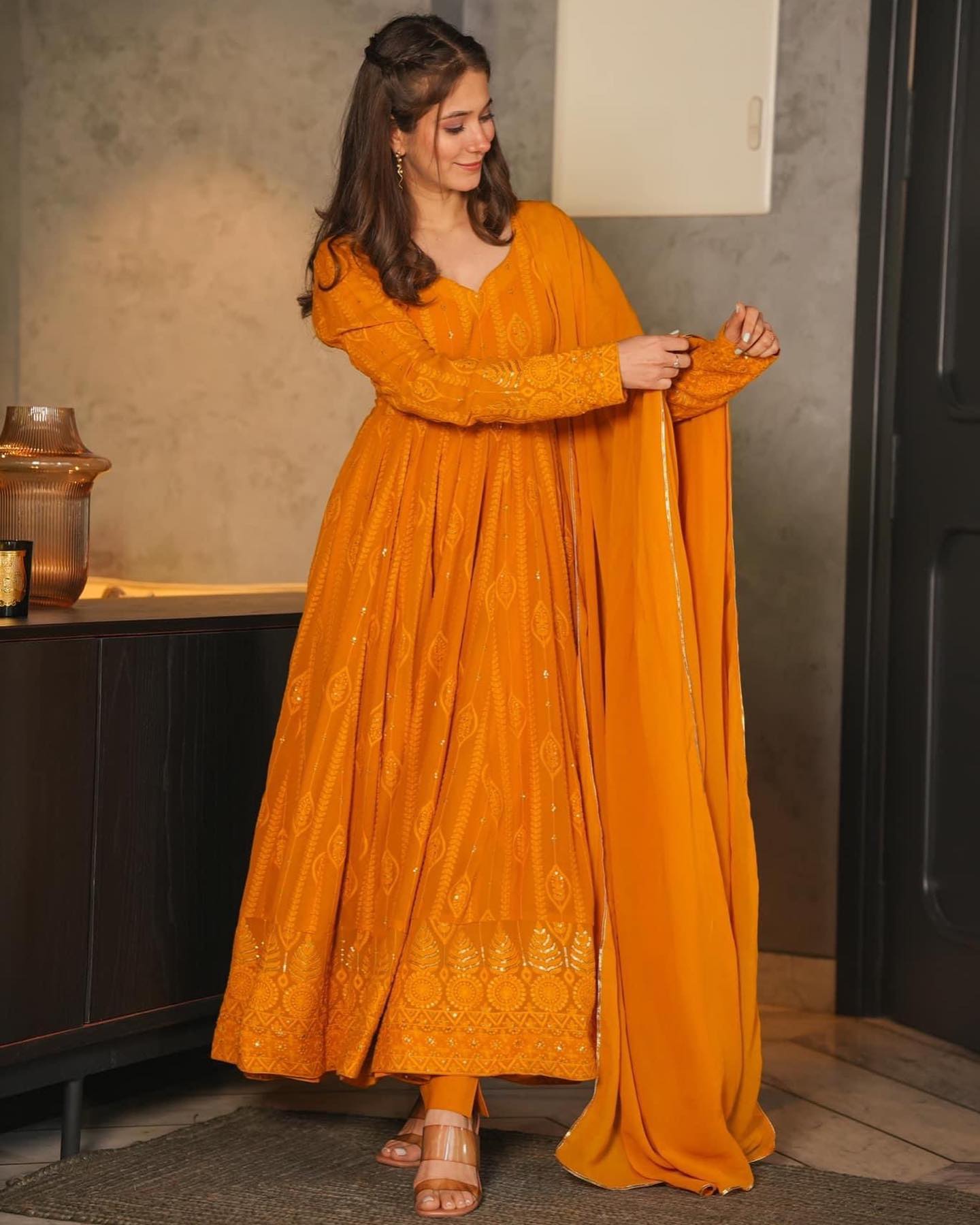 Embellished Mustard Color Sequence Work Gown